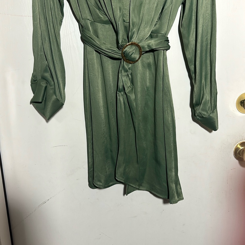 {VGUC} $89 ZARA Khaki Green Satin Belted Mini Shirt Dress - Picture 4 of 11